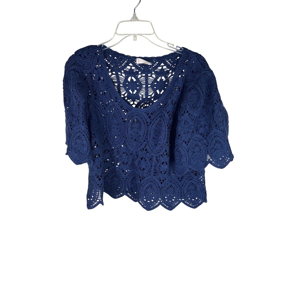 Solitaire‎ Navy Blue Crochet Knit V-Neck Top Scalloped Short Sleeve Bohemian XL